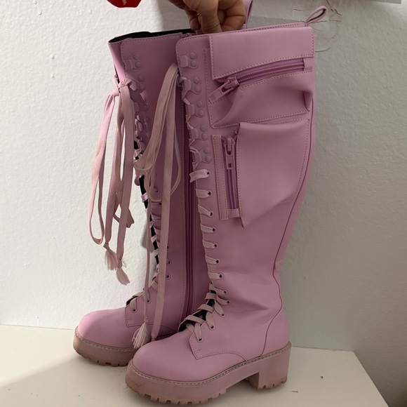 Lavender Lace-Up Knee-High Boots - Picture 2 of 6